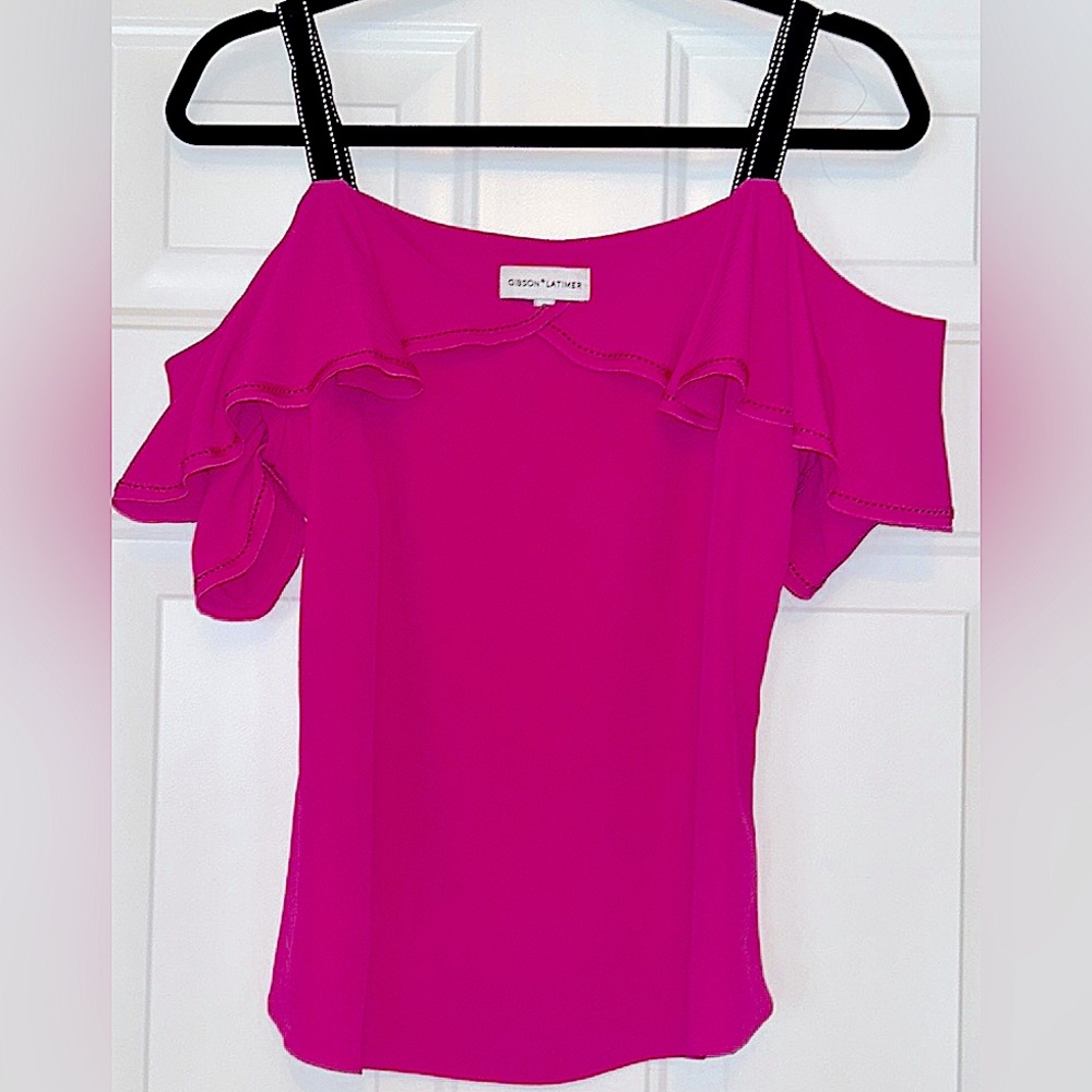 Gibson Latimer On/Off the Shoulder Top S Pink-Black Ruffle Barbie Feminine